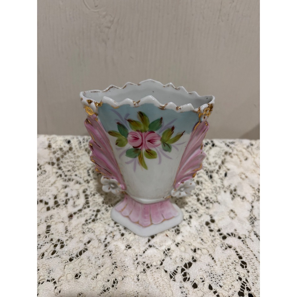 Vintage Porcelain Floral Bud Vase Gold Gilt Trim Pink Rose Hand Painted Vases